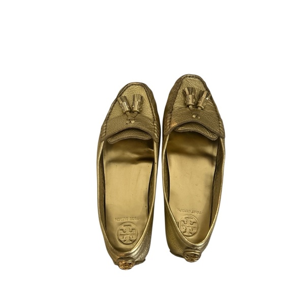 Tory Burch Lawrence Gold Tassel Loafer Casual Gold Square Toe Flat Shoes - Picture 3 of 9